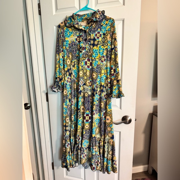 Blue and Green Long Sleeve Sundress with Cowl Neck - Picture 1 of 5